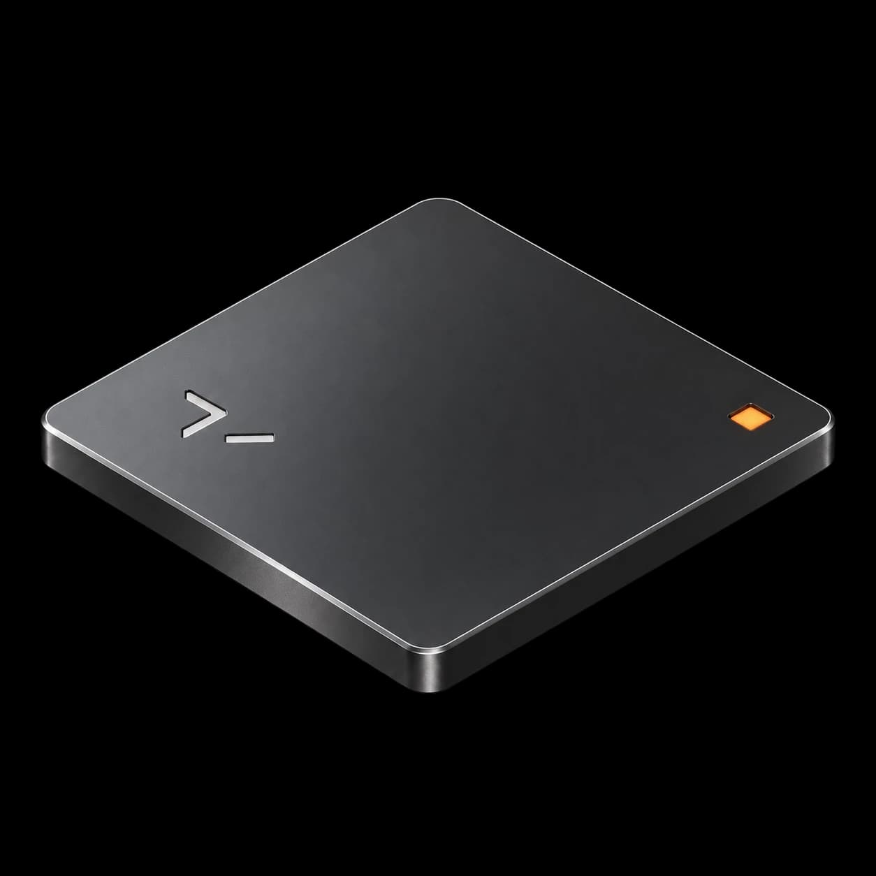 Three floating graphite and glass workspace layers with an orange illuminated edge